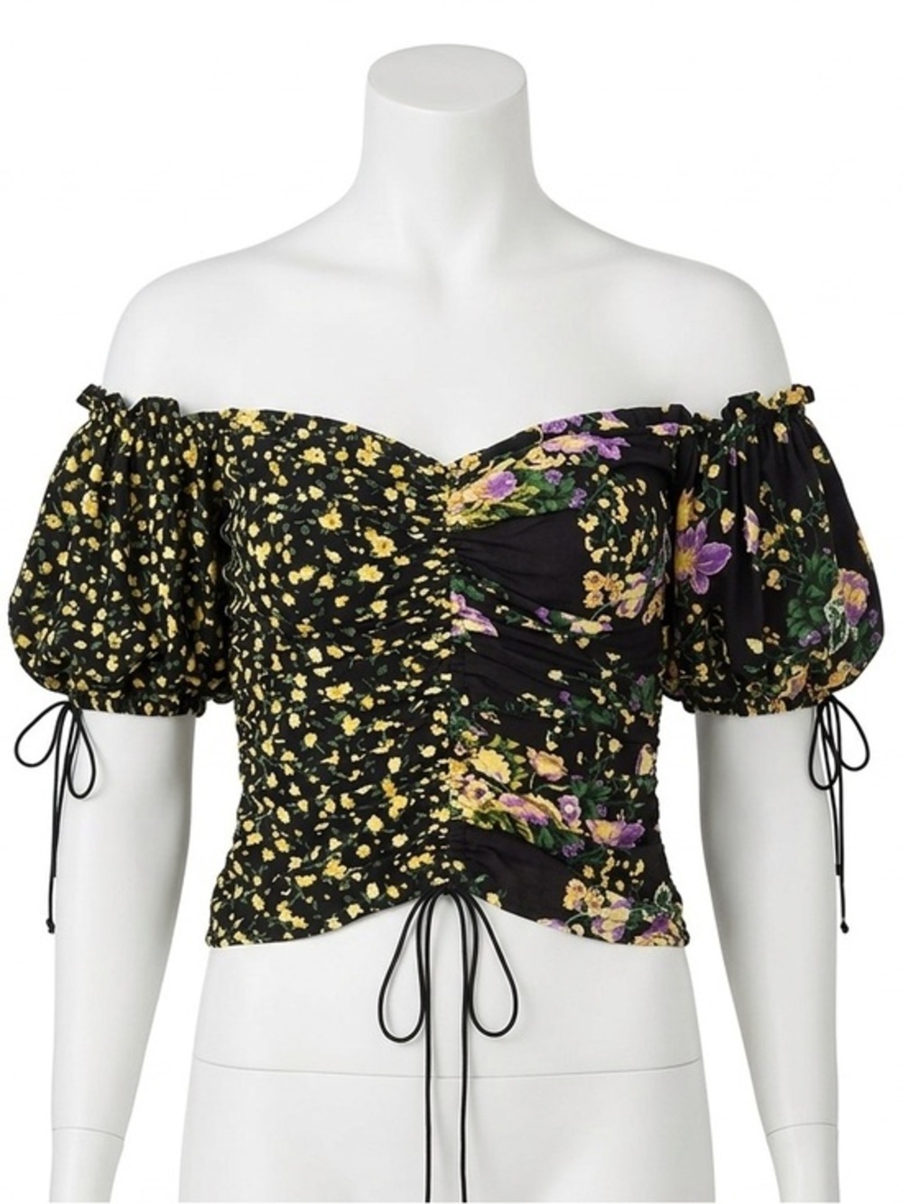 For Love & Lemons Mixed Floral Off The Shoulder Ruched Puff Sleeve Crop Top L